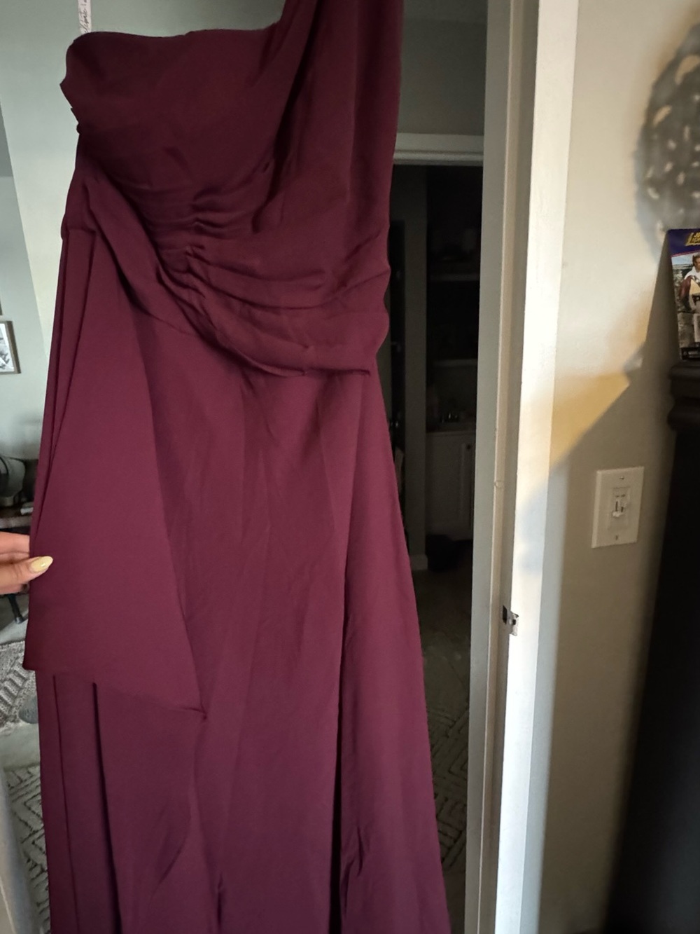 David's Bridal One-Shoulder Burgundy Evening Gown